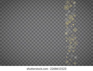 Isolated snowflakes on horizontal transparent grey background. Gold glitter snow. Winter sales, Christmas and New Year design for party invitation, banner, sale. Magic crystal isolated snowflakes.
