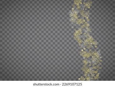 Copos de nieve aislados sobre fondo gris transparente horizontal. Nieve lustre dorada. Venta de invierno, Navidad y diseño de Año Nuevo para invitación de fiesta, banner, venta. Los copos de nieve aislados de cristal mágico.