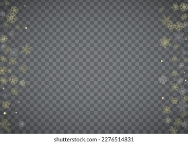 Isolated snowflakes on horizontal transparent grey background. Gold glitter snow. Winter sales, Christmas and New Year design for party invitation, banner, sale. Magic crystal isolated snowflakes.