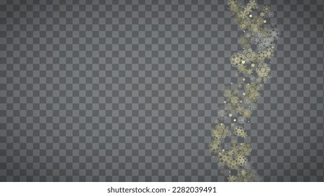 Isolated snowflakes on horizontal transparent grey background. Gold glitter snow. Winter sales, Christmas and New Year design for party invitation, banner, sale. Magic crystal isolated snowflakes.