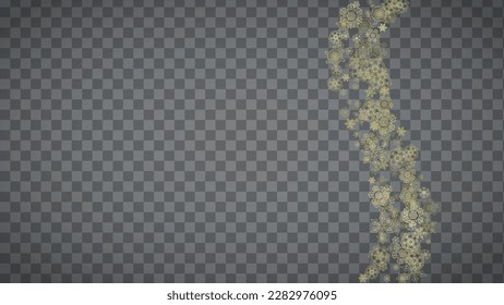 Isolated snowflakes on horizontal transparent grey background. Gold glitter snow. Winter sales, Christmas and New Year design for party invitation, banner, sale. Magic crystal isolated snowflakes.