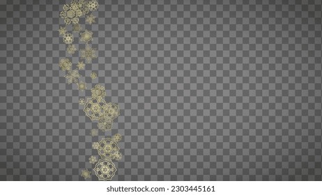 Isolated snowflakes on horizontal transparent grey background. Gold glitter snow. Winter sales, Christmas and New Year design for party invitation, banner, sale. Magic crystal isolated snowflakes.