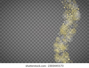 Einzige Schneeflocken auf horizontalem, transparentem grauem Hintergrund. Goldener Schnee glänzt. Winterverkäufe, Weihnachts- und Neujahrsdesign für Partyeinladung, Banner, Verkauf. Zauberkristalline Schneeflocken einzeln.