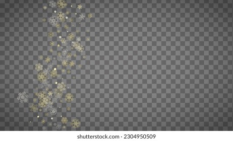 Isolated snowflakes on horizontal transparent grey background. Gold glitter snow. Winter sales, Christmas and New Year design for party invitation, banner, sale. Magic crystal isolated snowflakes.