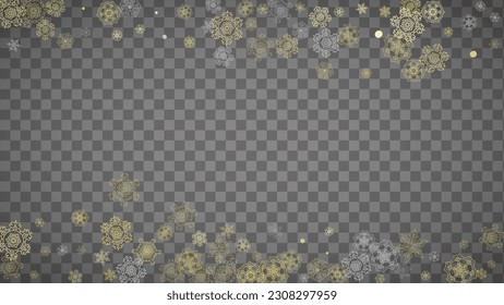 Copos de nieve aislados sobre fondo gris transparente horizontal. Nieve lustre dorada. Venta de invierno, Navidad y diseño de Año Nuevo para invitación de fiesta, banner, venta. Los copos de nieve aislados de cristal mágico.