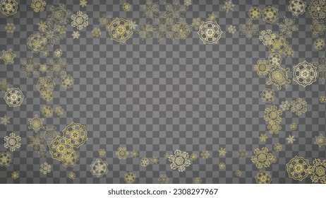 Isolated snowflakes on horizontal transparent grey background. Gold glitter snow. Winter sales, Christmas and New Year design for party invitation, banner, sale. Magic crystal isolated snowflakes.