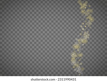 Isolated snowflakes on horizontal transparent grey background. Gold glitter snow. Winter sales, Christmas and New Year design for party invitation, banner, sale. Magic crystal isolated snowflakes.