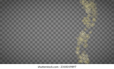 Copos de nieve aislados sobre fondo gris transparente horizontal. Nieve lustre dorada. Venta de invierno, Navidad y diseño de Año Nuevo para invitación de fiesta, banner, venta. Los copos de nieve aislados de cristal mágico.
