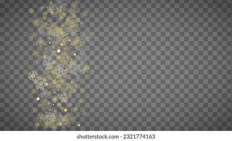 Isolated snowflakes on horizontal transparent grey background. Gold glitter snow. Winter sales, Christmas and New Year design for party invitation, banner, sale. Magic crystal isolated snowflakes.
