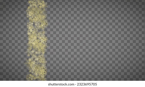 Isolated snowflakes on horizontal transparent grey background. Gold glitter snow. Winter sales, Christmas and New Year design for party invitation, banner, sale. Magic crystal isolated snowflakes.