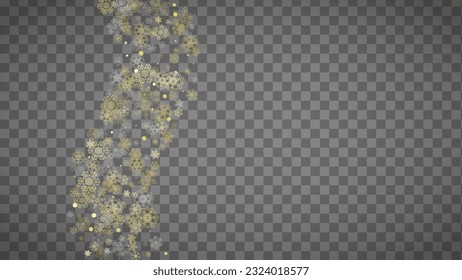 Isolated snowflakes on horizontal transparent grey background. Gold glitter snow. Winter sales, Christmas and New Year design for party invitation, banner, sale. Magic crystal isolated snowflakes.
