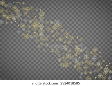 Copos de nieve aislados sobre fondo gris transparente horizontal. Nieve lustre dorada. Venta de invierno, Navidad y diseño de Año Nuevo para invitación de fiesta, banner, venta. Los copos de nieve aislados de cristal mágico.