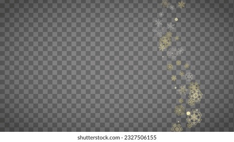 Isolated snowflakes on horizontal transparent grey background. Gold glitter snow. Winter sales, Christmas and New Year design for party invitation, banner, sale. Magic crystal isolated snowflakes.