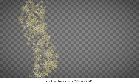 Isolated snowflakes on horizontal transparent grey background. Gold glitter snow. Winter sales, Christmas and New Year design for party invitation, banner, sale. Magic crystal isolated snowflakes.