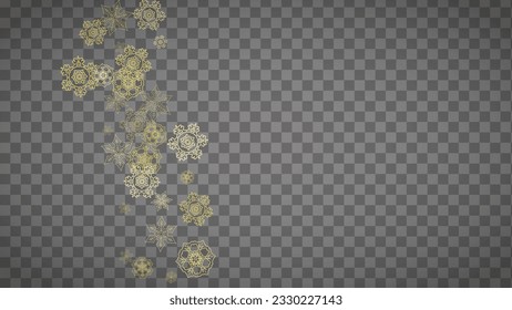 Isolated snowflakes on horizontal transparent grey background. Gold glitter snow. Winter sales, Christmas and New Year design for party invitation, banner, sale. Magic crystal isolated snowflakes.