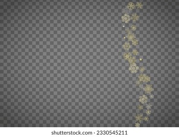 Isolated snowflakes on horizontal transparent grey background. Gold glitter snow. Winter sales, Christmas and New Year design for party invitation, banner, sale. Magic crystal isolated snowflakes.