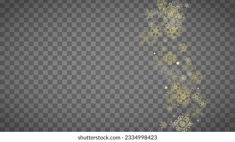 Isolated snowflakes on horizontal transparent grey background. Gold glitter snow. Winter sales, Christmas and New Year design for party invitation, banner, sale. Magic crystal isolated snowflakes.
