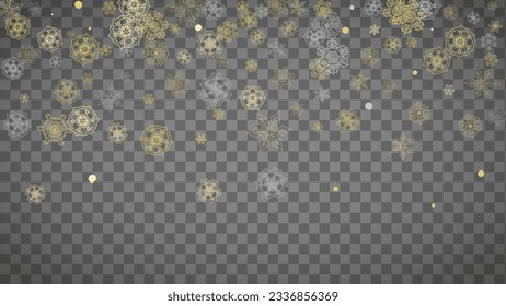 Isolated snowflakes on horizontal transparent grey background. Gold glitter snow. Winter sales, Christmas and New Year design for party invitation, banner, sale. Magic crystal isolated snowflakes.