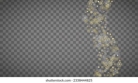 Isolated snowflakes on horizontal transparent grey background. Gold glitter snow. Winter sales, Christmas and New Year design for party invitation, banner, sale. Magic crystal isolated snowflakes.