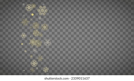 Isolated snowflakes on horizontal transparent grey background. Gold glitter snow. Winter sales, Christmas and New Year design for party invitation, banner, sale. Magic crystal isolated snowflakes.