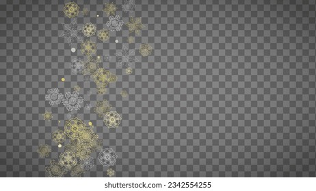 Isolated snowflakes on horizontal transparent grey background. Gold glitter snow. Winter sales, Christmas and New Year design for party invitation, banner, sale. Magic crystal isolated snowflakes.