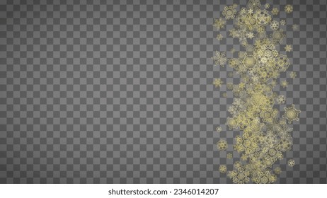 Isolated snowflakes on horizontal transparent grey background. Gold glitter snow. Winter sales, Christmas and New Year design for party invitation, banner, sale. Magic crystal isolated snowflakes.