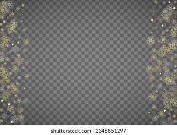Copos de nieve aislados sobre fondo gris transparente horizontal. Nieve lustre dorada. Venta de invierno, Navidad y diseño de Año Nuevo para invitación de fiesta, banner, venta. Los copos de nieve aislados de cristal mágico.
