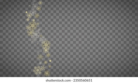 Copos de nieve aislados sobre fondo gris transparente horizontal. Nieve lustre dorada. Venta de invierno, Navidad y diseño de Año Nuevo para invitación de fiesta, banner, venta. Los copos de nieve aislados de cristal mágico.