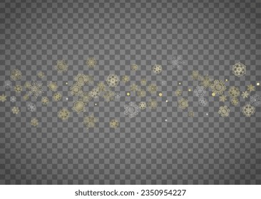 Isolated snowflakes on horizontal transparent grey background. Gold glitter snow. Winter sales, Christmas and New Year design for party invitation, banner, sale. Magic crystal isolated snowflakes.