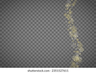 Einzige Schneeflocken auf horizontalem, transparentem grauem Hintergrund. Goldener Schnee glänzt. Winterverkäufe, Weihnachts- und Neujahrsdesign für Partyeinladung, Banner, Verkauf. Zauberkristalline Schneeflocken einzeln.