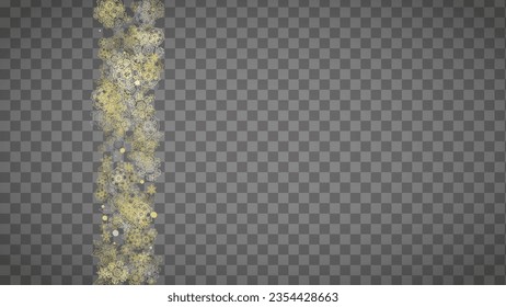 Isolated snowflakes on horizontal transparent grey background. Gold glitter snow. Winter sales, Christmas and New Year design for party invitation, banner, sale. Magic crystal isolated snowflakes.