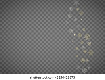 Isolated snowflakes on horizontal transparent grey background. Gold glitter snow. Winter sales, Christmas and New Year design for party invitation, banner, sale. Magic crystal isolated snowflakes.