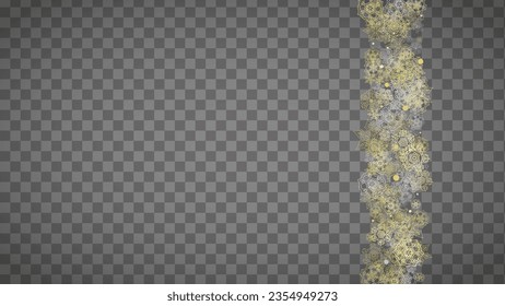 Isolated snowflakes on horizontal transparent grey background. Gold glitter snow. Winter sales, Christmas and New Year design for party invitation, banner, sale. Magic crystal isolated snowflakes.