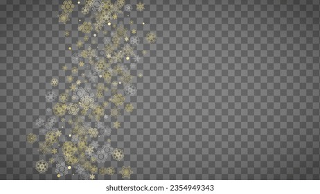 Copos de nieve aislados sobre fondo gris transparente horizontal. Nieve lustre dorada. Venta de invierno, Navidad y diseño de Año Nuevo para invitación de fiesta, banner, venta. Los copos de nieve aislados de cristal mágico.
