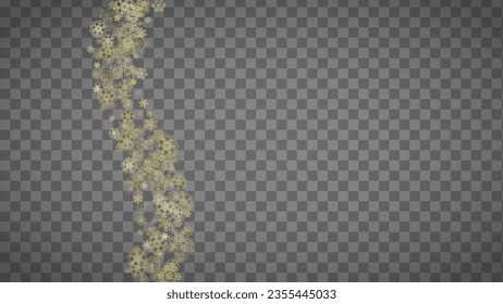 Einzige Schneeflocken auf horizontalem, transparentem grauem Hintergrund. Goldener Schnee glänzt. Winterverkäufe, Weihnachts- und Neujahrsdesign für Partyeinladung, Banner, Verkauf. Zauberkristalline Schneeflocken einzeln.