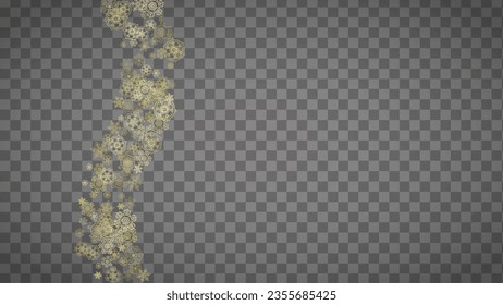 Isolated snowflakes on horizontal transparent grey background. Gold glitter snow. Winter sales, Christmas and New Year design for party invitation, banner, sale. Magic crystal isolated snowflakes.