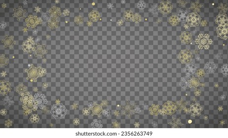 Isolated snowflakes on horizontal transparent grey background. Gold glitter snow. Winter sales, Christmas and New Year design for party invitation, banner, sale. Magic crystal isolated snowflakes.
