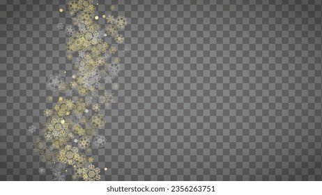Isolated snowflakes on horizontal transparent grey background. Gold glitter snow. Winter sales, Christmas and New Year design for party invitation, banner, sale. Magic crystal isolated snowflakes.