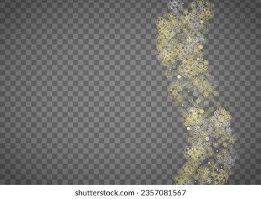 Isolated snowflakes on horizontal transparent grey background. Gold glitter snow. Winter sales, Christmas and New Year design for party invitation, banner, sale. Magic crystal isolated snowflakes.