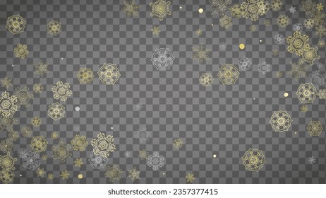 Isolated snowflakes on horizontal transparent grey background. Gold glitter snow. Winter sales, Christmas and New Year design for party invitation, banner, sale. Magic crystal isolated snowflakes.