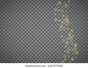 Isolated snowflakes on horizontal transparent grey background. Gold glitter snow. Winter sales, Christmas and New Year design for party invitation, banner, sale. Magic crystal isolated snowflakes.