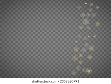 Isolated snowflakes on horizontal transparent grey background. Gold glitter snow. Winter sales, Christmas and New Year design for party invitation, banner, sale. Magic crystal isolated snowflakes.