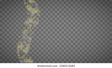 Copos de nieve aislados sobre fondo gris transparente horizontal. Nieve lustre dorada. Venta de invierno, Navidad y diseño de Año Nuevo para invitación de fiesta, banner, venta. Los copos de nieve aislados de cristal mágico.