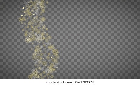 Isolated snowflakes on horizontal transparent grey background. Gold glitter snow. Winter sales, Christmas and New Year design for party invitation, banner, sale. Magic crystal isolated snowflakes.
