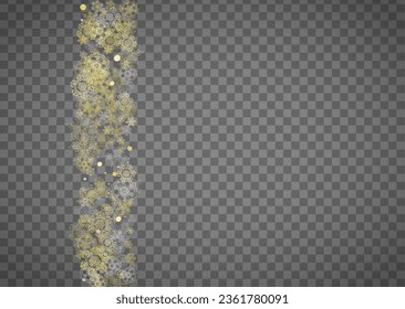 Isolated snowflakes on horizontal transparent grey background. Gold glitter snow. Winter sales, Christmas and New Year design for party invitation, banner, sale. Magic crystal isolated snowflakes.