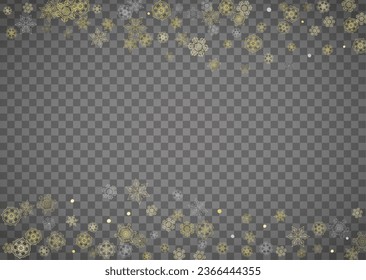 Copos de nieve aislados sobre fondo gris transparente horizontal. Nieve lustre dorada. Venta de invierno, Navidad y diseño de Año Nuevo para invitación de fiesta, banner, venta. Los copos de nieve aislados de cristal mágico.