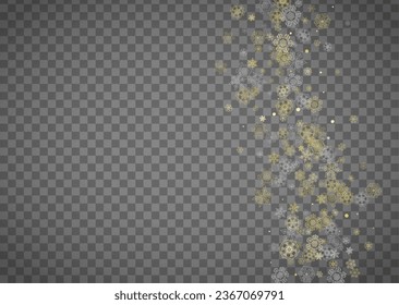 Isolated snowflakes on horizontal transparent grey background. Gold glitter snow. Winter sales, Christmas and New Year design for party invitation, banner, sale. Magic crystal isolated snowflakes.