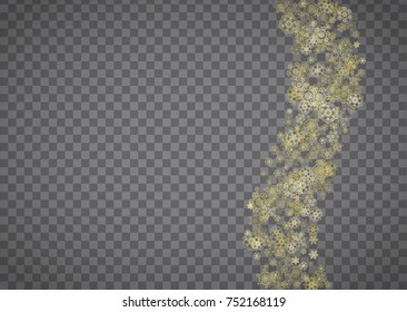 Isolated snowflakes on horizontal transparent grey background. Gold glitter snow. Winter sales, Christmas and New Year design for party invitation, banner, sale. Magic crystal isolated snowflakes.