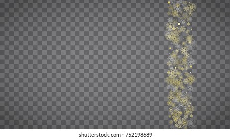 Isolated snowflakes on horizontal transparent grey background. Gold glitter snow. Winter sales, Christmas and New Year design for party invitation, banner, sale. Magic crystal isolated snowflakes.