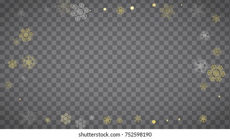 Isolated snowflakes on horizontal transparent grey background. Gold glitter snow. Winter sales, Christmas and New Year design for party invitation, banner, sale. Magic crystal isolated snowflakes.
